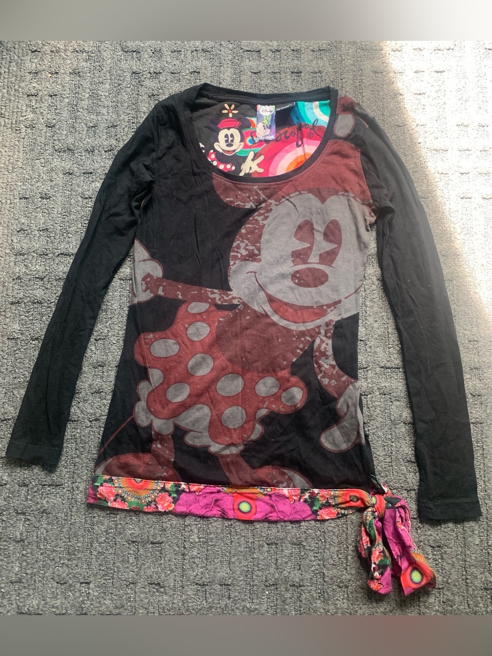 Desigual Black Long-Sleeve Minnie Mouse Top with Pink Floral Tie